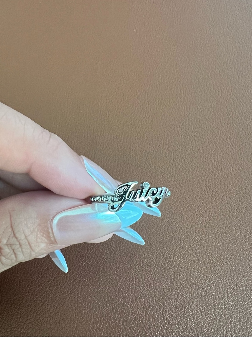 Juicy Couture Silver Script Logo Ring with Clear Accents
